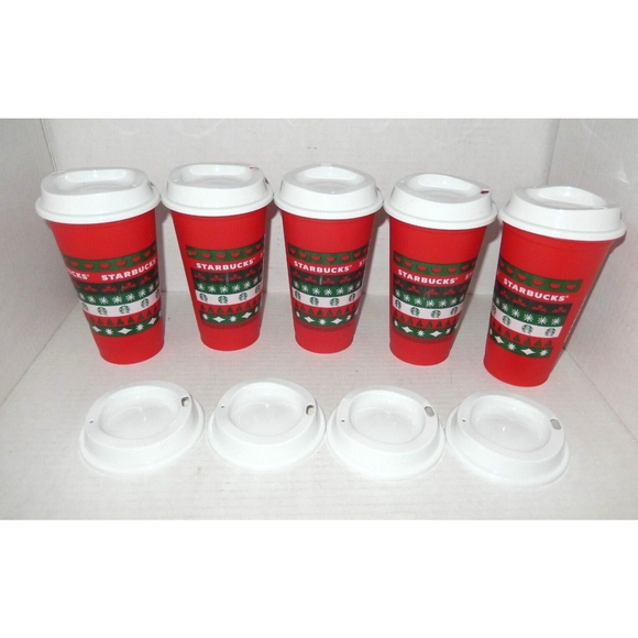 5 Starbucks Christmas Holiday Merry Coffee Reusable Hot Cups Lids 2013 Red 16 oz - Picture 4 of 4